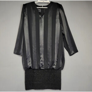 Vintage Siasia Dress Womens 14 Satin Striped Long Sleeve Bubble Hem Made USA 80s